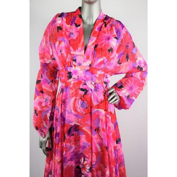 Vintage 1970s Red Pink Purple Chiffon Floral with Keyhole Cutout Small - Picture 3 of 10